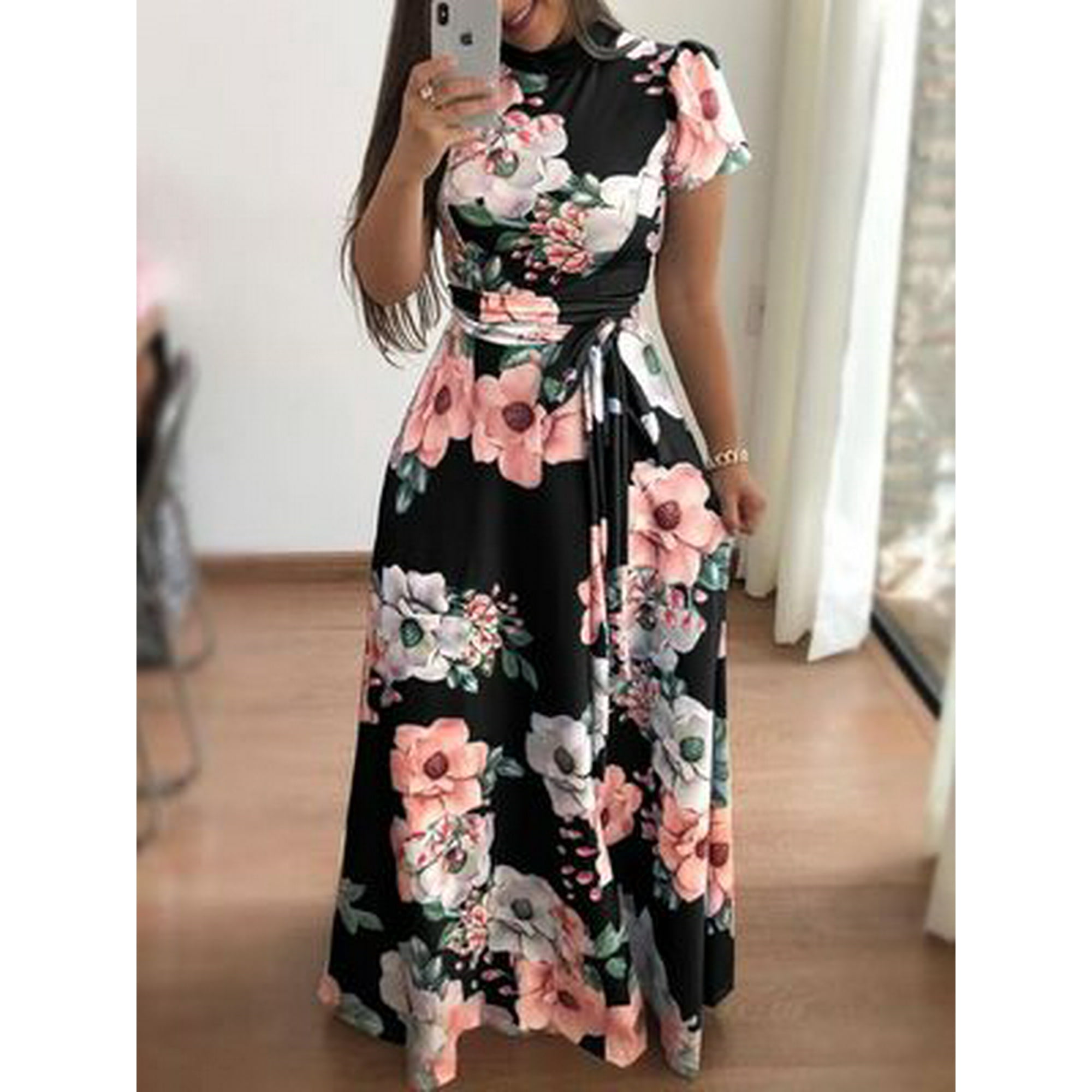 showsing-women clothes Womens Long Sleeve Floral Boho Dress Fashion Dot Floral Print Long Maxi Short Sleeve Slim Dress Ladies Sleeveless Casual Dress UK Size